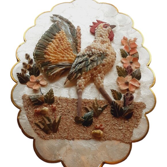 Vintage Set Of 2 Capiz Seashell Roosters Flowers Wall Art Hangings. Philippines - Picture 3 of 6